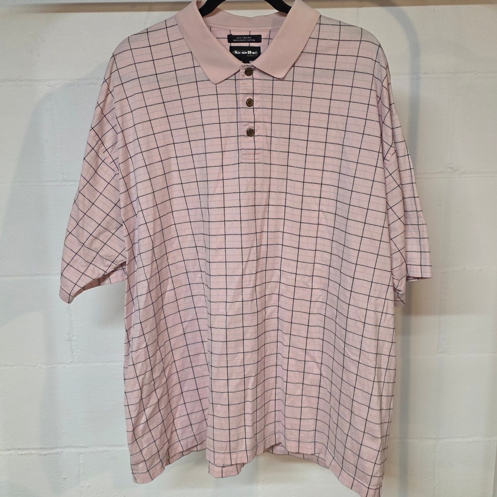 Vintage Bolle Golf Mens XXL‎ Pink Windowpane Check Plaid Cotton Polo Spring